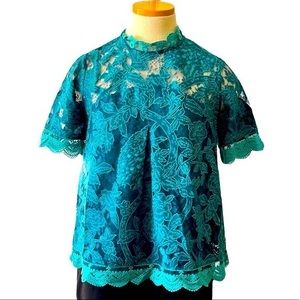 Anthropologie HD in Paris Lace Meadows Short Sleeve Blouse, Teal Green, size 4